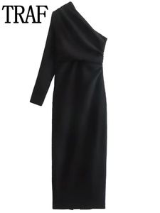 Sukienki Traf Black Ruched Długie sukienki Kobiet Asymetryczny sukienka midi Kobieta z ramion wieczorowe sukienki dla kobiet