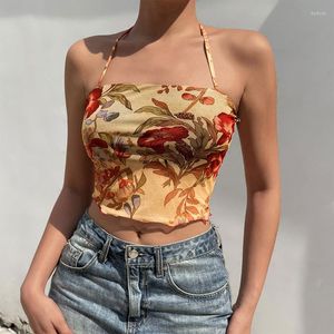 Damen-Tanks, Sommer, sexy, ärmellos, Kreuzhalter, bauchfrei, Röhrenoberteil, Vintage-Blumenmuster, Salatsaum, Netz-Unterhemd, schmal geschnitten, ästhetisch