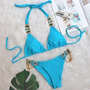 Costumi da bagno da donna Bikini da donna Set 2023 Costume da bagno estivo Crystal Diamond Sexy Cinturino solido Catena in metallo Accessori Spiaggia