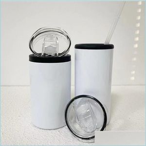 Tumblers Totally Striaght Sublimation Skinny Tumbler Stainless Steel Can Cooler With 2 Lids Vacuum Insation Cola Tank Festival Party Dhdu8