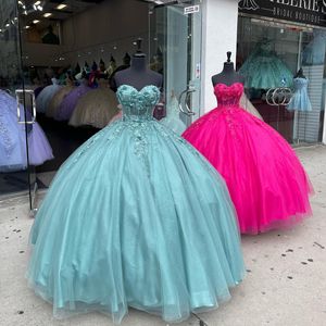 Quinceanera klänningar för söta 16 flickor applikationer från axel älskling spets vestido de 15 anos birtday fest klänning