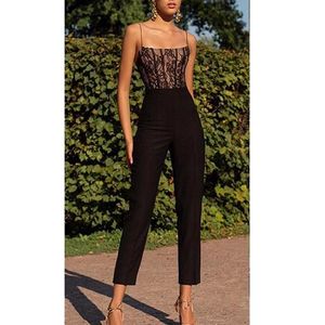 Women's Jumpsuits & Rompers Women Casual Lace Sleeveless Camis Wide Leg Pants Jumpsuit Ladies Sexy Solid Evening Party Long Playsuit 2023