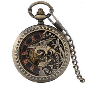 Orologi da taschino Retro Bronze Phoenix Carving Hollow Cover Double Open Case Watch Meccanico a carica manuale Catena FOB per uomo Donna