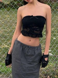 Damen Tanks 2023 Dunkle Spitze Durchsichtig Sexy Mall Gothic Tube Tops E-Girl Grunge Schwarz Rüschen Skinny Crop Top Y2k Frauen Schleife Sommer