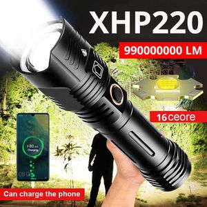 Flashlights facklor 9900000000LM SUPER XHP220 Kraftfull LED -ficklampa Hög Power Torch Light Readgeble Tactical ficklampa 26650 USB Camping Lamp P230517