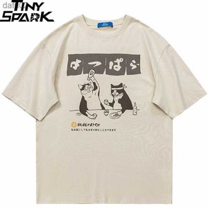 Men's T-Shirts Men Tshirt Streetwear Japanese Harajuku Funny Drinking Cat T-Shirt Cotton Summer 2023 Cartoon T Shirt Unisex Hip Hop Tops Tees L230515