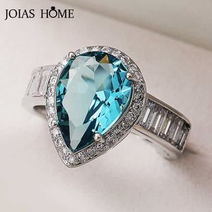 Band Rings JoiasHome Trendy Female Silver 925 Jewelry Wedding Ring for Women Water Drop Pear Shaped Sea Blue Gemstone Size6-10 Party Gift J230517