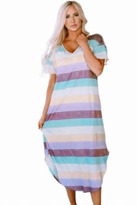 striped Color Block V Neck T Shirt Midi Dress D63y#