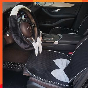 New Black And White Car Seat Covers for Women with Pearl and Bowknot Decorations Plush Checkered Auto Accessories Universal
