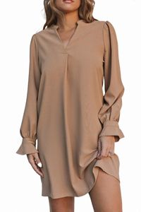 Apricot Split V Neck Ruffled ärmar Skjorta klänning F44Y#