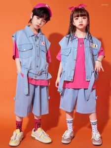 Stage Wear Modern Jazz Dance Costume Kids Denim Vest Shorts T Shirt Girls Boys Hip Hop Clothes Performance Outfit Fashion Rave BL10611