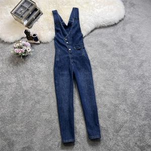Jeans New Fashion Stitching Denim Overalls Korean Wideleg Jumpsuit Vintage Jeans Tide Sleeveless Irregular Single Breasted Overalls