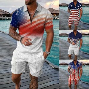 Mens Tracksuits Casual Zipper Polo Shirt PoIdependence Day Flag Short Sleeve Set 2 Piece Summer Sports Suit Sleeved T s 230516