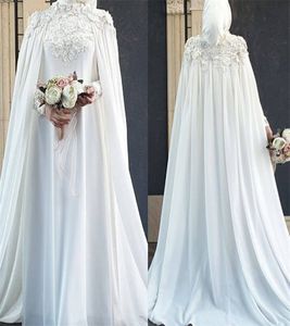 White Muslim Wedding Dress 2023 Islamic Elegant Caped Florals Lace Castle Bridal Gowns Long Sleeve Chiffon Dubai Arabic Bride vestido de noiva casamento Modest