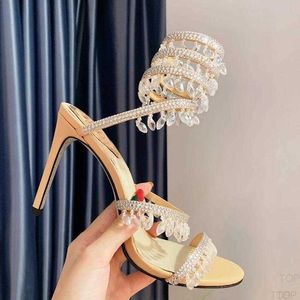 Rene caovilla Sandali Twining Scarpe da donna Sandalo Designer di lusso Lampada di cristallo Ciondolo Piede con strass Anello con tacco alto Fascia stretta 10 cm Tacco fabbrica footH3GD