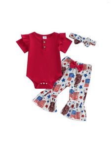 Clothing Sets Baby Girl 4th Of July Outfits Short Sleeve Romper Ribbed Ruffle Bodysuit Floral Bell Bottoms Toddler Summer Clothes