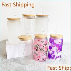 Tumblers Персонализированные 12 унций Clear Glass Cup Sublimation Soblimation Soda Pop Can Diy Matte Coffee Muk Mug с бамбуковой крышкой соком ST Cups DH5VH