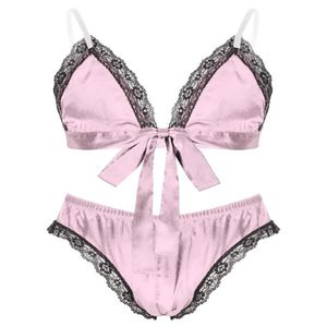 Set di reggiseni Set da pigiama in raso da uomo Set di pigiami in pizzo Sissy Abiti da notte Abiti da notte Cinghie regolabili Reggiseno con lacci Top con slip2151