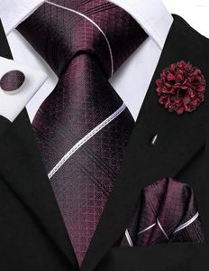 Bow Ties Classic Dark Burgundy Striped Tie With Brooch Silk Elegent Necktie For Men Handky Cufflink Fashion Wedding Business Party Hi-Tie