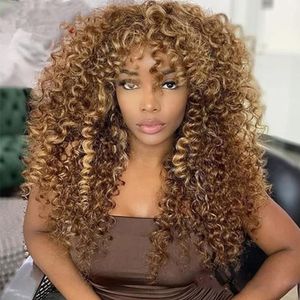 Jerry Kıvırcık İnsan Saç Peruk Bang Piyano Kahverengi Kahverengi Sarı Brezilya Remy Saç Afro Kinky Kıvırcık Sarışın 4 27 Vurgu Renkli Peruk Kadınlar için Tam Makine Yapılan peruk%180 Yoğunluk