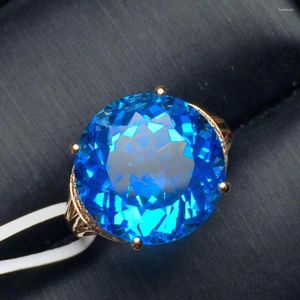 Cluster Rings Topaz Ring Fine Jewelry Real 18K Gold AU750 Jewellery Natural Blue Gemstone Female For Women