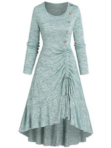 Dress Space Dye Mock Button Cinched Founce Long Rleeve High Low Midi Dress Dip Rem Casual Autumn Srain