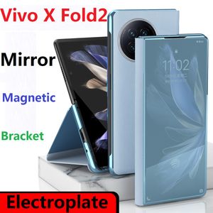 in vivo x fold 2 fold2ケーススマートタッチビューウィンドウ磁気フリップブックウェイクアップ睡眠保護カバーのメッキミラーケース
