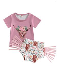 Kläder sätter baby flickor sommar söta shorts set kort ärmko head t-shirt med elastisk midja blommuttryck