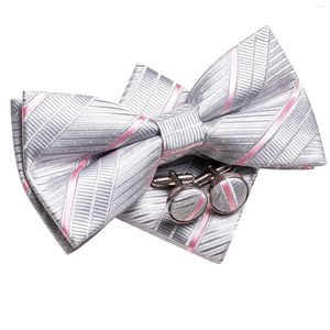 Bow Ties Hi-tie Silver Silk Mens Tie Hanky Cuff Links Set Pre-tied Butterfly Knot Jacquard Striped Bowtie For Male Wedding Business