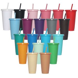 Thermoses 솔리드 컬러 간단한 플랫 커버 밀짚 플라스틱 컵 사무실 레저 및 가정용 실용적이고 창의적인 플라스틱 밀짚 물 컵