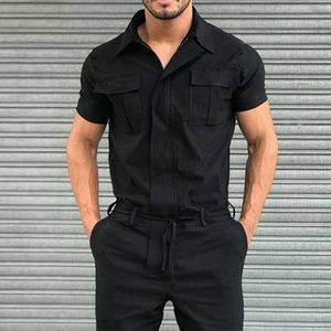 Mens Tracksuits Cargo Pants Shirt Overall Summer Male Short Sleeve Long Trousers Jumpsuit Romper with Pockets Casual Slim Streetwear 230516