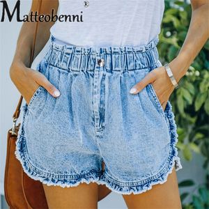 Frauen Shorts Sommer Elastische Taille Taste Spleißen Denim Weibliche Mode Trend Streetwear Frauen Lose Raw Edge Drei Viertel Hosen 230516