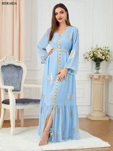 Ethnic Clothing Party Dresses Abayas For Women Dubai Printed Long Sleeve V-Neck Button Tape Trim Belted Kaftan Split Hem Clothes For Women 230517