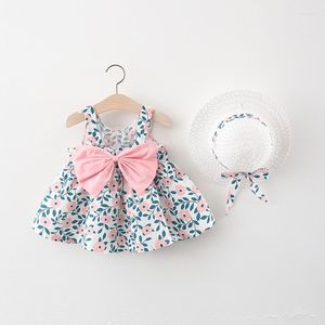 Kleidung Sets 2023 Sommer Kleinkind Mädchen Kleidung Set Baby Strand Prinzessin Kleid Nette Blumen Bogen Ärmellose Baumwolle Geboren Sonnenhut