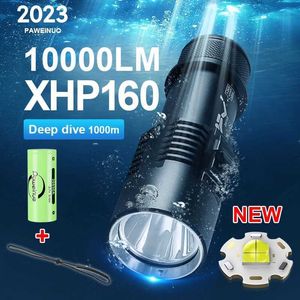 As lanternas tochas 10000lumens de mergulho profissional lanterna recarregável xhp160 tocha de mergulho 1000m lanterna subaquática IPX8 lanternas à prova d'água P230517