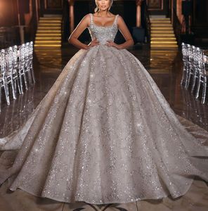 Luxury Ball Gown Wedding Dresses Sleeveless Bateau Straps Sequins Applique Ruffles Bridal Gowns Beads 3D Lace Diamonds Zipper Plus Size Custom Made Vestido de novia