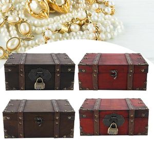 Jewelry Pouches Storage Box Vintage Wooden Decorative Treasure Chest With Lock Home Decoration Organizer