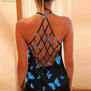 Tanques femininos Camis 2021 Tanques de camisola femininos Print Butterfly Prighetti Strap Tops Backless Hollow Out Open Back Back Frie Loose Top Sexy Cami T230517