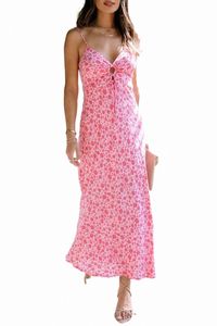 Pink Flower Print Front Cut Out Maxi Dress 2023 Hot New C82M#