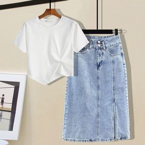 Work Dresses High Quality Tshirt Top And Waist Denim Skirt Suit Korean Fashion Sweet Two Piece Sets For Women Summer Clothing Q83