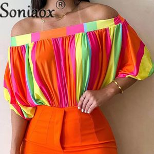 Womens TShirt Fashion Striped Colour Bat Manica corta Donna Sexy Off The Shoulder Pieghettato Top Donna Estate Allentato Casual Tees 230516