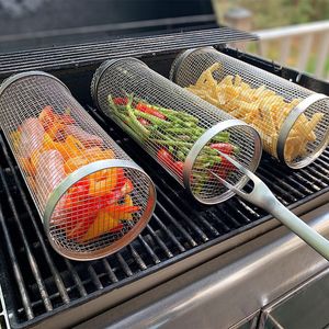 BBQ Tools Accessories Stainless Steel Grilling Basket Cylindrical Rolling Barbecue Rotisserie Net Grilled Meat Chicken Grille Outdoor Camping BBQ Tool 230516