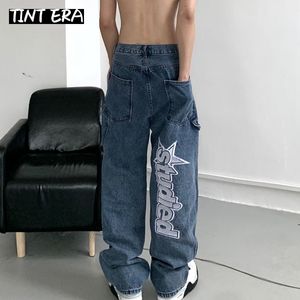 Mens Jeans TINT EAR Hiphop Letter Embroidery Y2K Denim Loose Straight Pants Wide Leg Trousers For Men Couples Streetwear Cargo Korean 230516