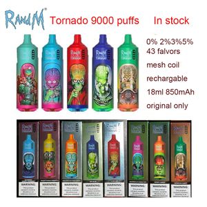 Original RandM Tornado 9000s Disposable E Cigarette kits Features 18ml Capacirt 850mAh Rechargable 0% 2% 3% 5% 43 Flavors Available 9K puffs puff
