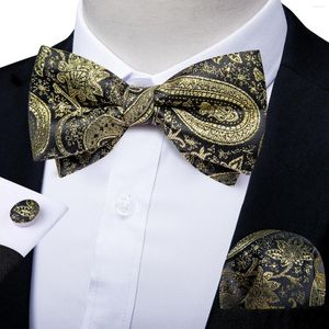 Bow Ties Gold Black Jacquard Pre-tied Bowties Handkerchief Cufflinks For Man Wedding Causal Adjustable Men's Butterfly Knot Gift