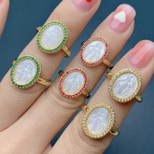 Band Rings Religion Style Virgin Mary Rings For Women 2022 Fashion Luxury Natural White Mother of Pearl Shell Zircon Adjustable Ring J230517