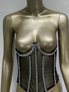 Kvinnors tankar Kvinnor Summer Tie Sexig Diamond Crystal Rope Sheer Crop Top Corset Camisole Party Nightclub Evening Performance Black White