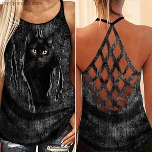 Women's Tanks Camis Black Cat Print Cross Open Back Camisole Summer Top Women Tank Top Woman Clothes Xs-8Xl T230517