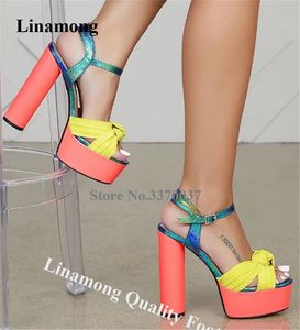 صندل Lianmong Hak chunky bowtie منصة Tinggi Warna Campuran Menawan Sepatu gaun tebal gesper perca 230516