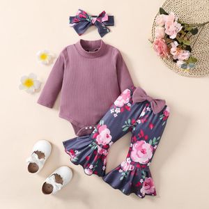 Completi di abbigliamento Nome Marca Neonata Neonata Bambina manica lunga Pagliaccetto a costine Body con stampa floreale Pantaloni a zampa d'elefante Abiti per